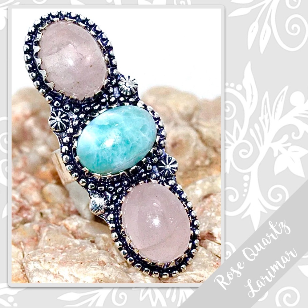 Larimar, Rose Quartz Large Silver Artisan Ring, Sz 6 Turquoise / Aqua Blue, Pink